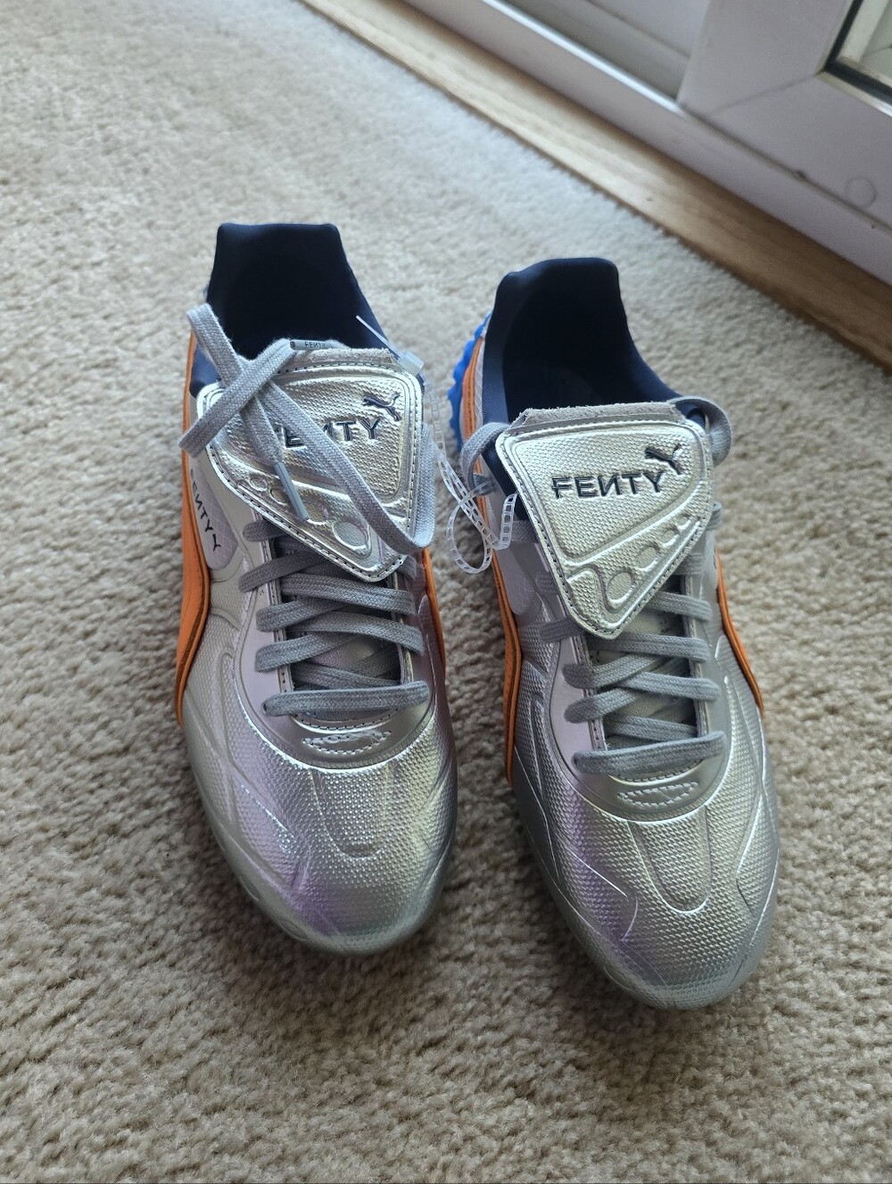FENTY Women’s Silver Sneakers with Orange Accents Or Mens Size 8 - Picture 2 of 9